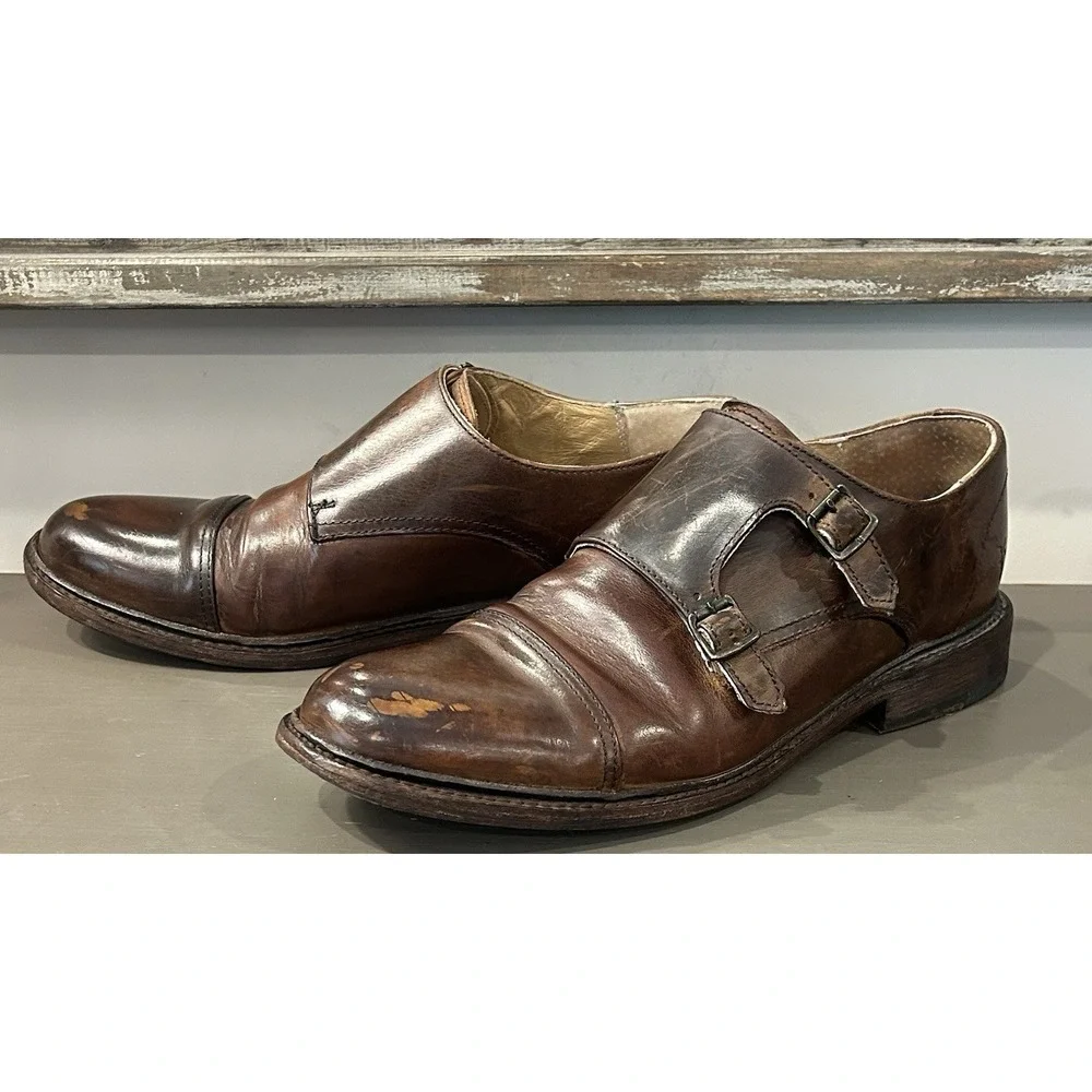 Frye Double Monk Strap Dress Shoes Mens Size 9D‎ Brown Leather Cap Toe Oxford